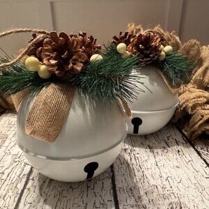 Set of 2 Large Sleigh Bells Holiday Decoration White Pines